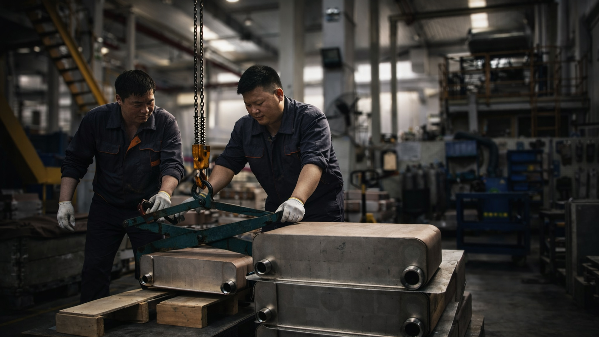 HEXNOVAS manufacturing team handling industrial heat exchange equipment