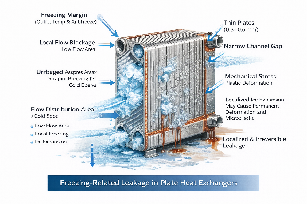 Analysis and Mechanism of Leakage Caused by Freezing in Plate Heat Exchangers